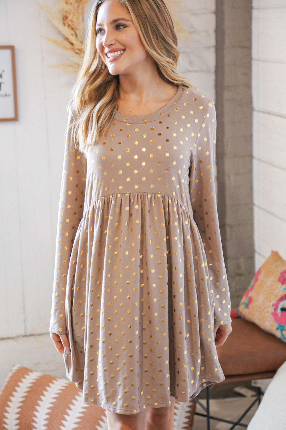 Taupe Hacci Dot Foil Babydoll Pocketed Dress