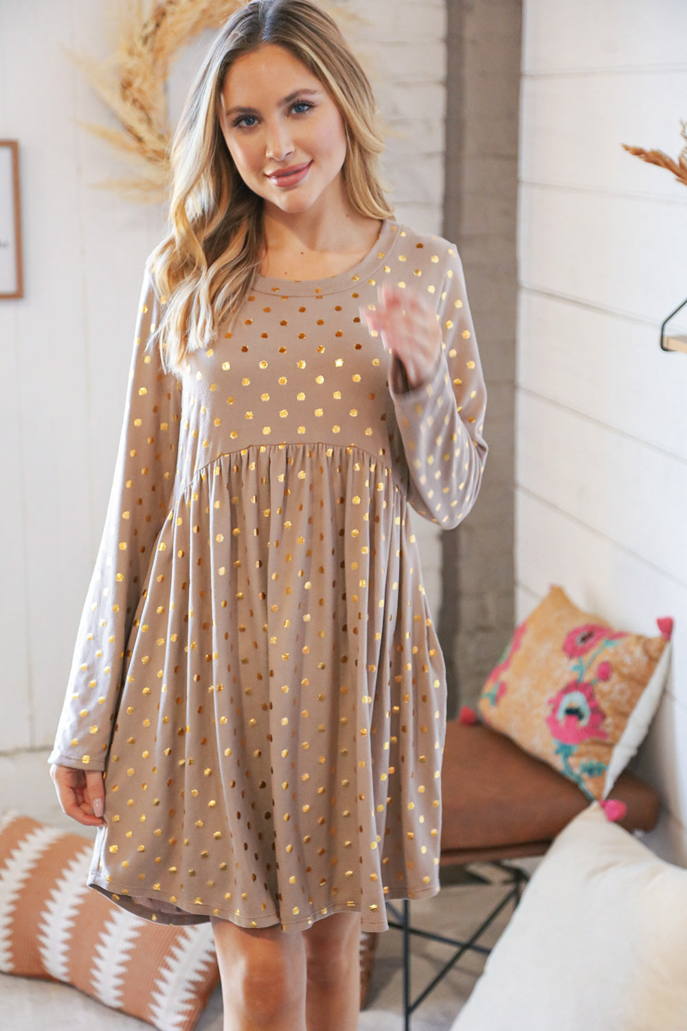 Taupe Hacci Dot Foil Babydoll Pocketed Dress