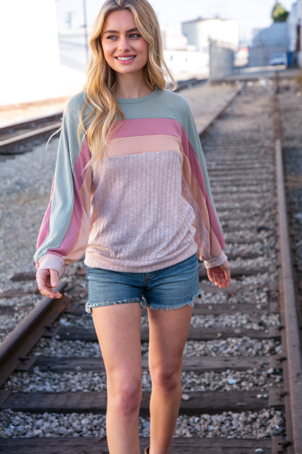 Sage and Rose Waffle Color Block Oversized Pullover