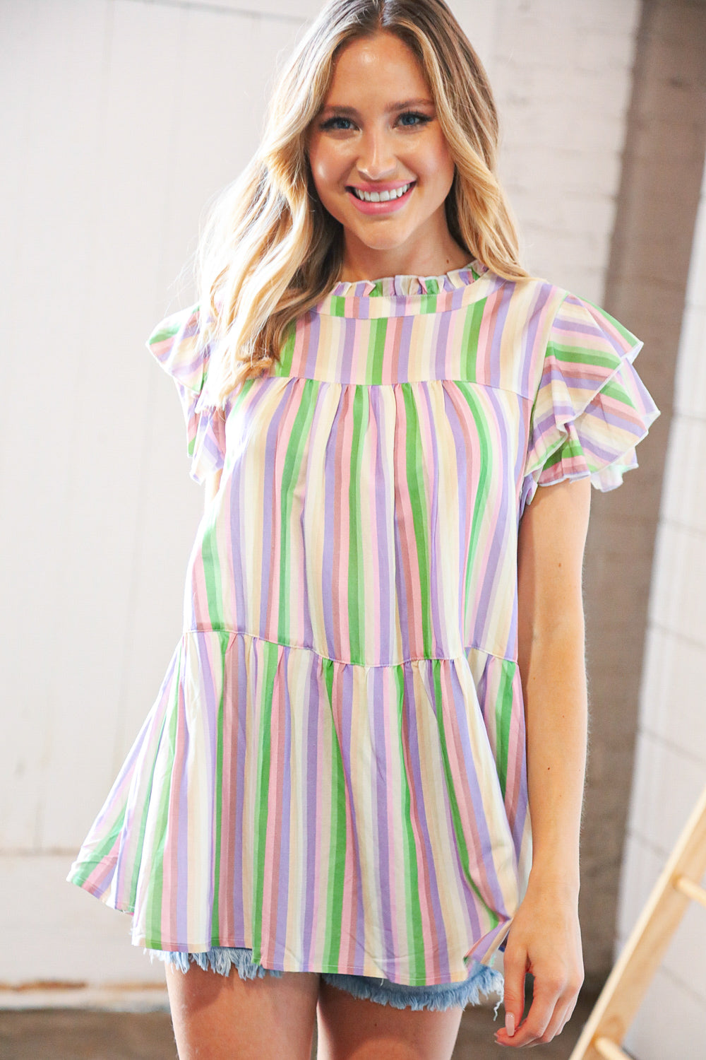 Multi Stripe Double Ruffle Sleeve Frill Tiered Top