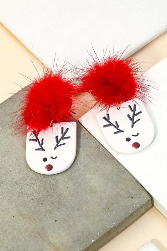 Fuzzy Pom Reindeer Christmas Earrings